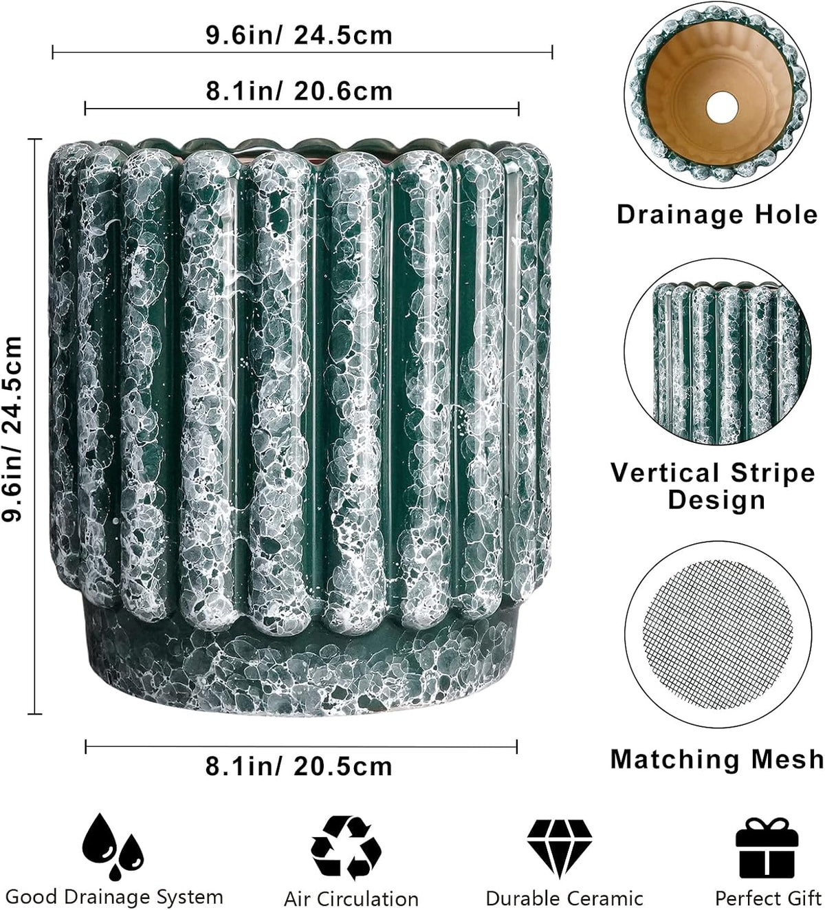 Ceramic Pots for Plants - 9.6 Inch Plant Pot Indoor with Drainage Hole, Large Ceramic Planters for