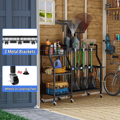 keomaisyto Heavy-Duty Garden Tool Organizer with 6 Wheels and 2 Baskets