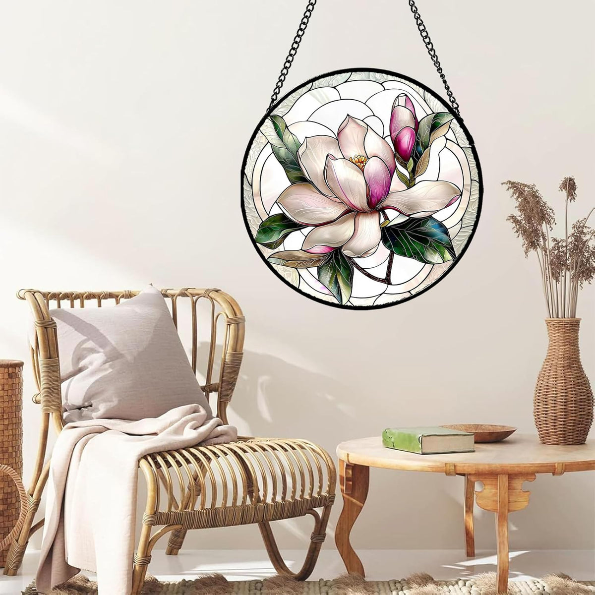 Stained Glass Window Hanging - Pink Magnolia Flower Petal Suncatcher for Doors Window Home Sun
