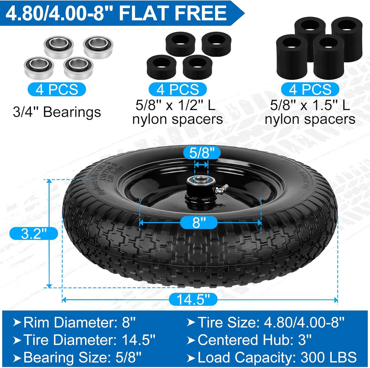 4.80/4.00-8" Flat Free Wheelbarrow Tires and Wheels, 14.5" Universal Fit Solid Tires with 5/8" or