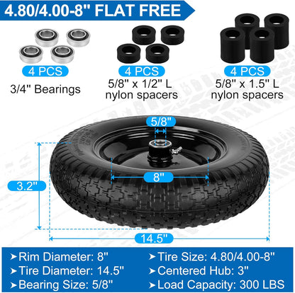 4.80/4.00-8" Flat Free Wheelbarrow Tires and Wheels, 14.5" Universal Fit Solid Tires with 5/8" or