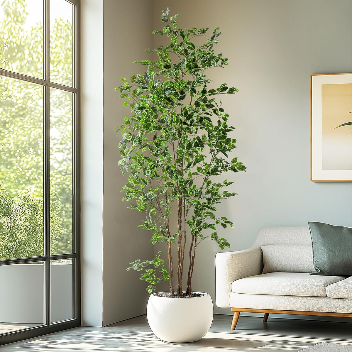 Artificial Ficus Tree Indoor 8ft, Large Potted Faux Tree with Realistic Silk Leaves & Trunk for