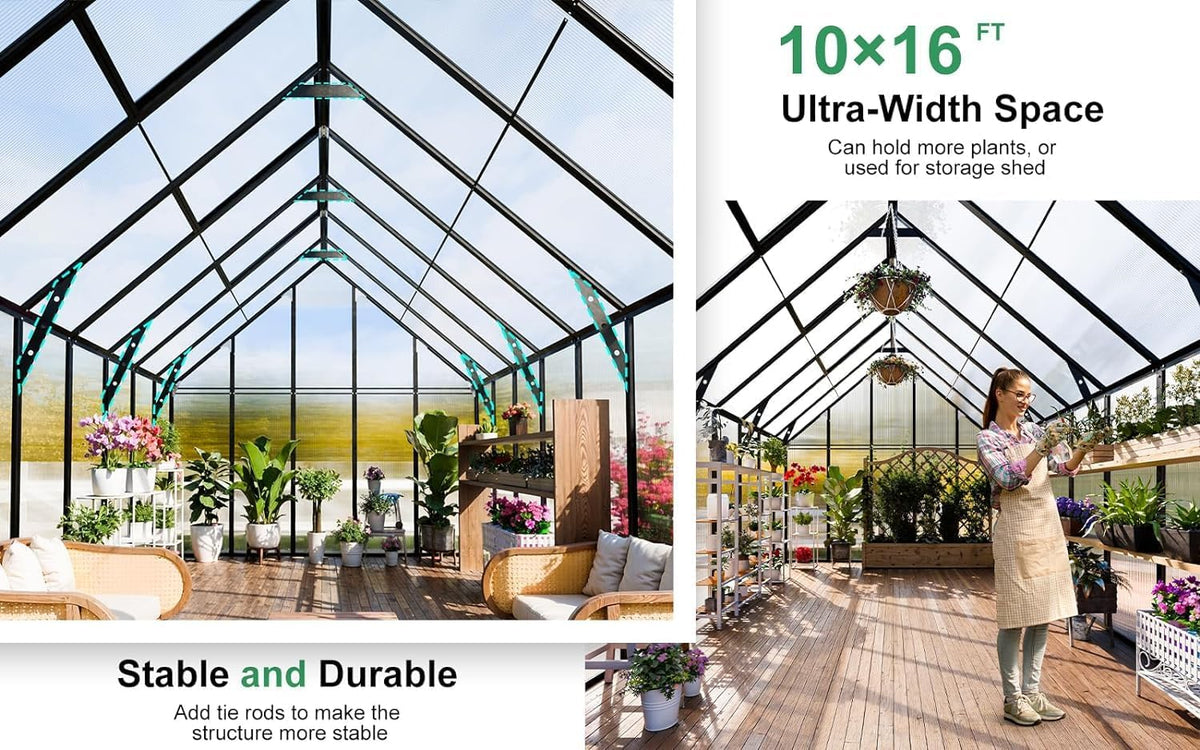 CDCASA 10x16x10 FT Greenhouse for Outdoors, Large Thicker Aluminum Polycarbonate Greenhouses w/3