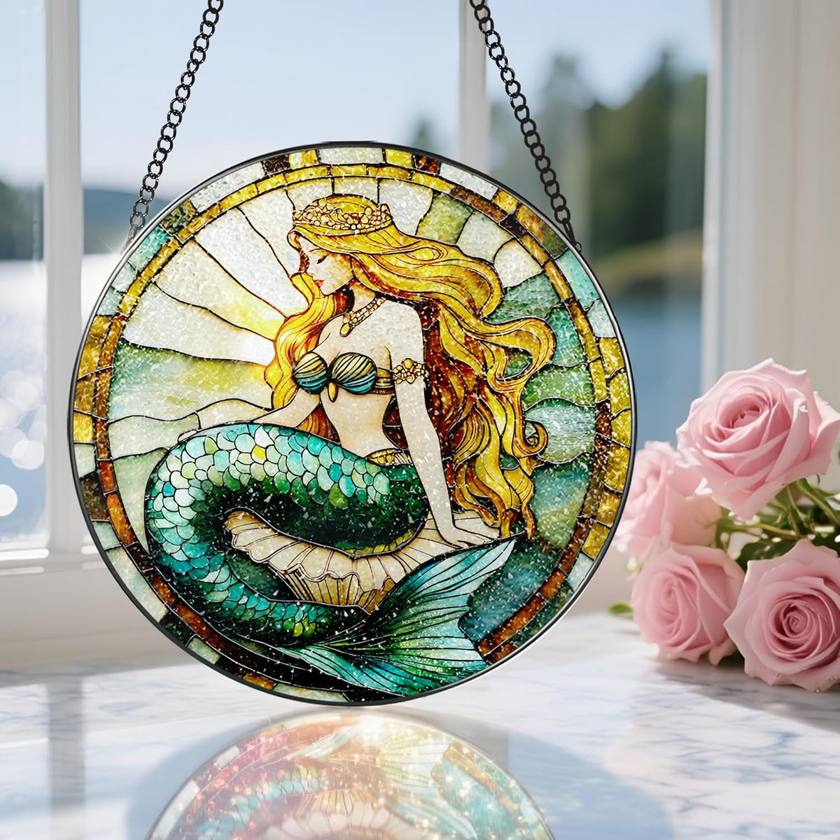 Stained Glass Window Hanging, 8 Inch Mermaid Suncatcher Stained Glass Ornament, Suncatchers for
