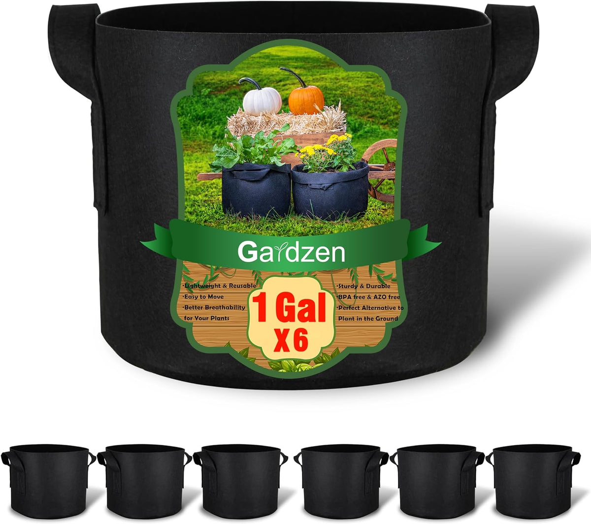 Gardzen 6-Pack 1 Gallon Grow Bags, Aeration Fabric Pots with Handles, Heavy Duty Cloth Pots for