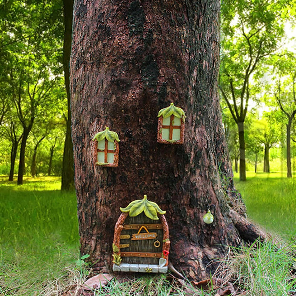 Fairy Door and Windows Garden Kit Accessories Outdoor, Glow in Dark Gnome House for Tree, Lawn Yard