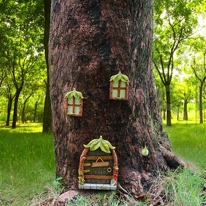 Fairy Door and Windows Garden Kit Accessories Outdoor, Glow in Dark Gnome House for Tree, Lawn Yard