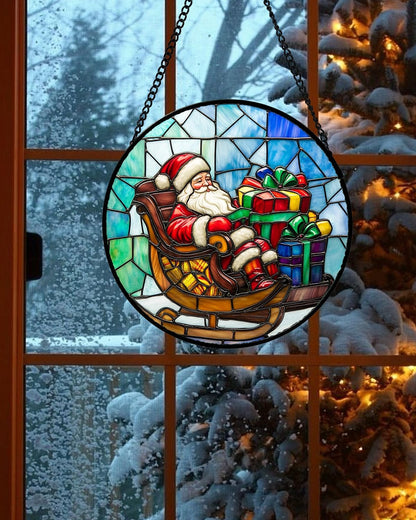 Stained Glass Window Hanging - Santa Claus Gift BoxSuncatcher for Doors Home Christmas Decoration