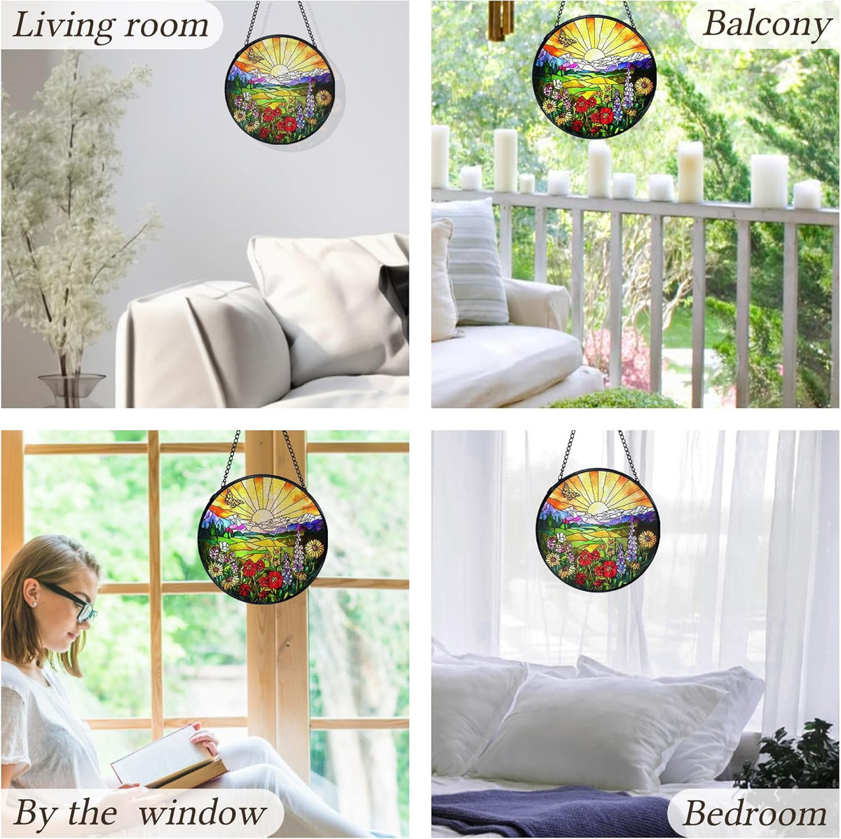 kdqua Sunshine Flower Suncatcher Stained Glass Window Hanging, Cottagecore Sunset Wildflower Sun