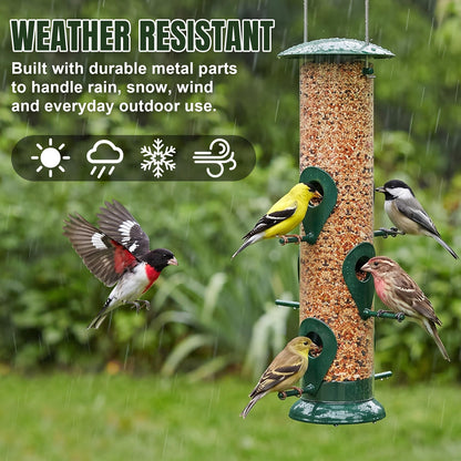 FEED GARDEN Metal Bird Feeder- 6 Port Tube Feeder for Outdoors with Metal Lid, Easy Fill & Clean