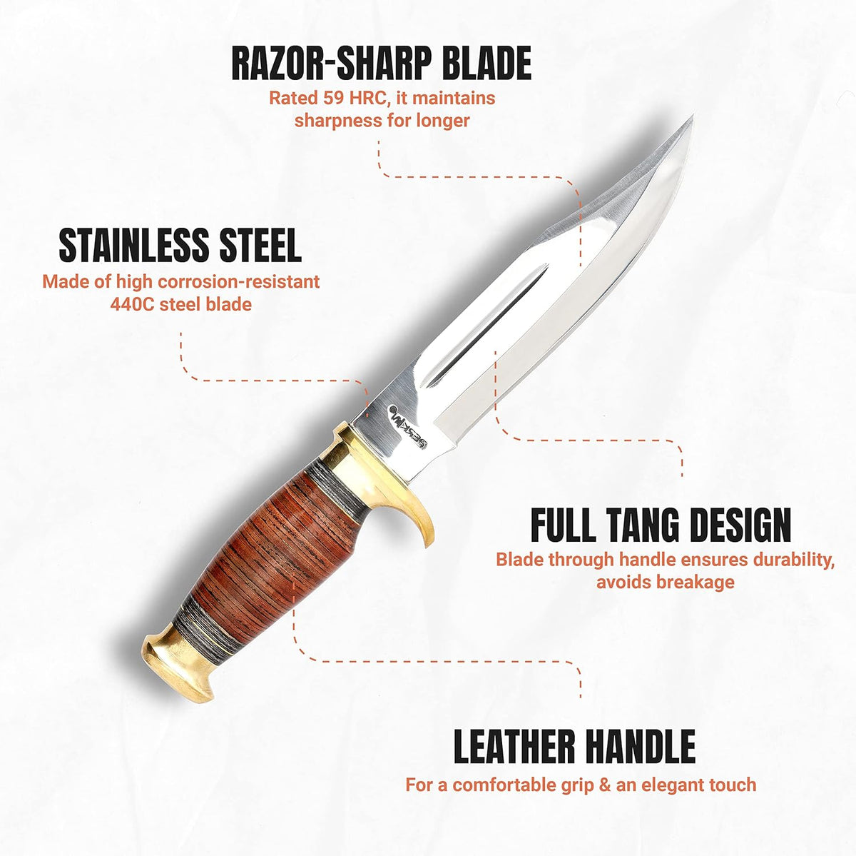Hunting Knife with Sheath - 12.5" Fixed Blade Knife with Leather Handle & Sheath - 59-60 HRC Rated