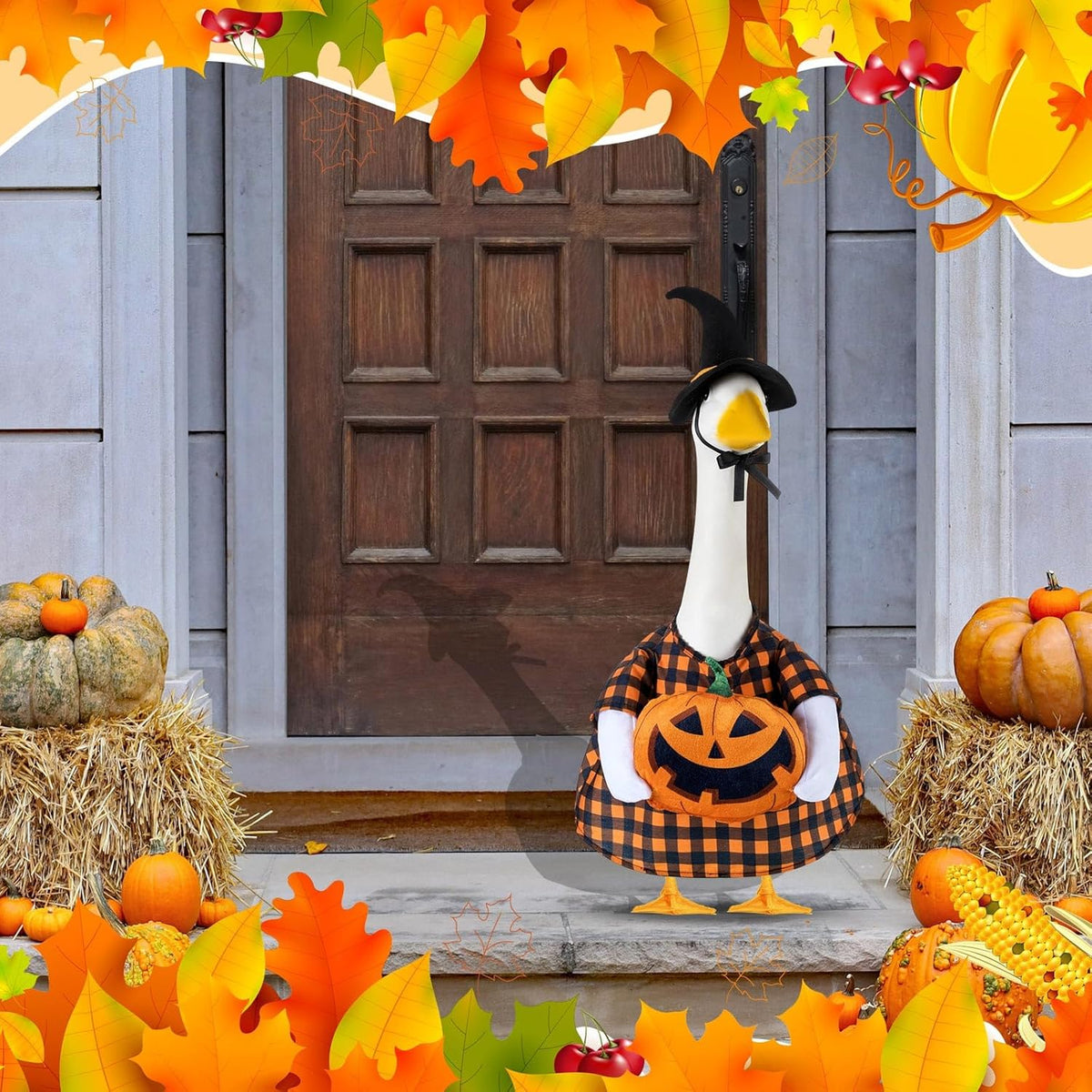 Sanwuta 1 Set Halloween Porch Goose Outfit Pumpkin Pillow Design with Hat for 23" Lawn Cement Goose