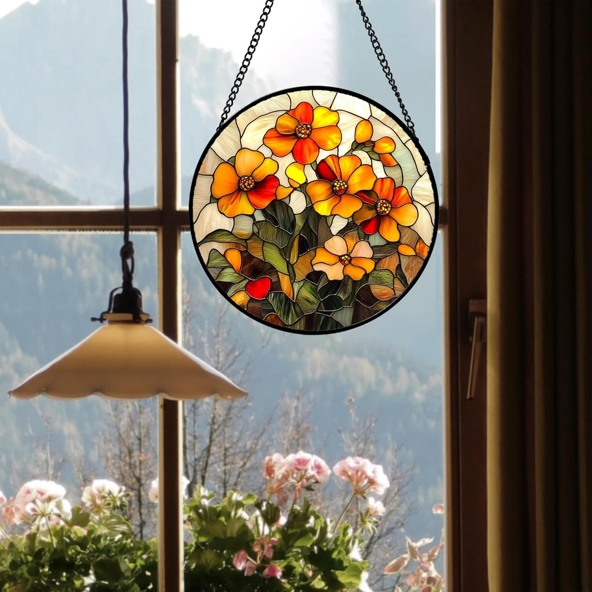 Stained Glass Window Hanging - Orange Marigolds Flowers Suncatcher for Door Garden Yard Sun