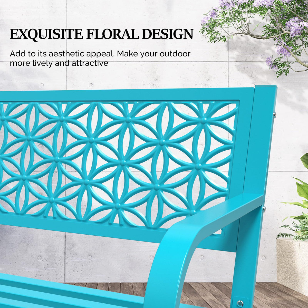 VINGLI 50" Outdoor Bench Metal with Floral Back, Garden Bench Front Porch Benches for Yard Patio