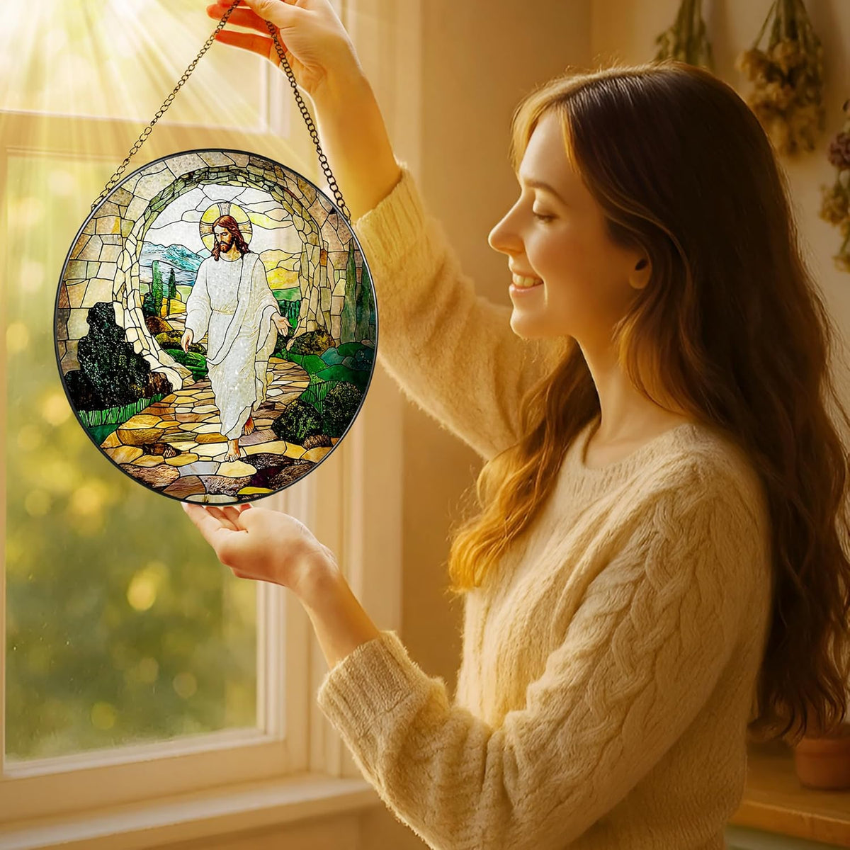 8 Inch He is Risen Resurrection of Jesus Stained Glass Suncatcher, Stained Glass Window Hanging