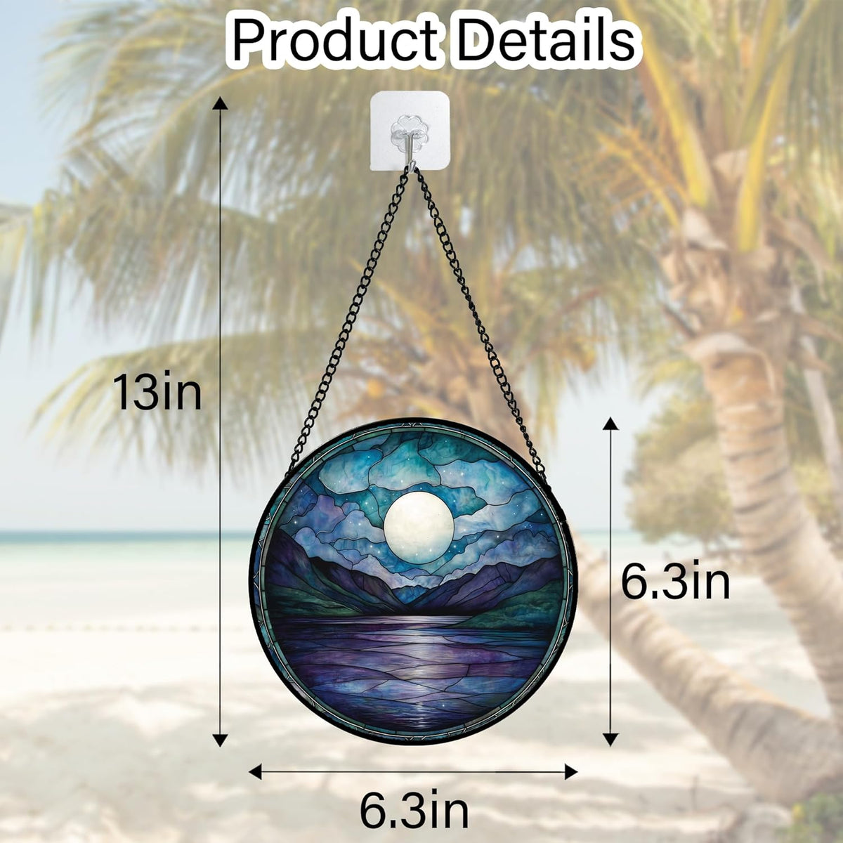 Stained Glass Window Hanging, Blue Night Moon Lake Sun Catchers Colorful Glass Panel Landscape
