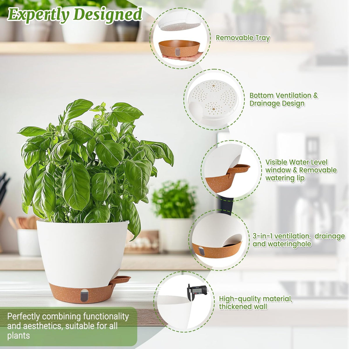 2 Pack 8 Inch Pots for Plants Indoor, Plastic Self Watering Planters with Drainage Holes, Water