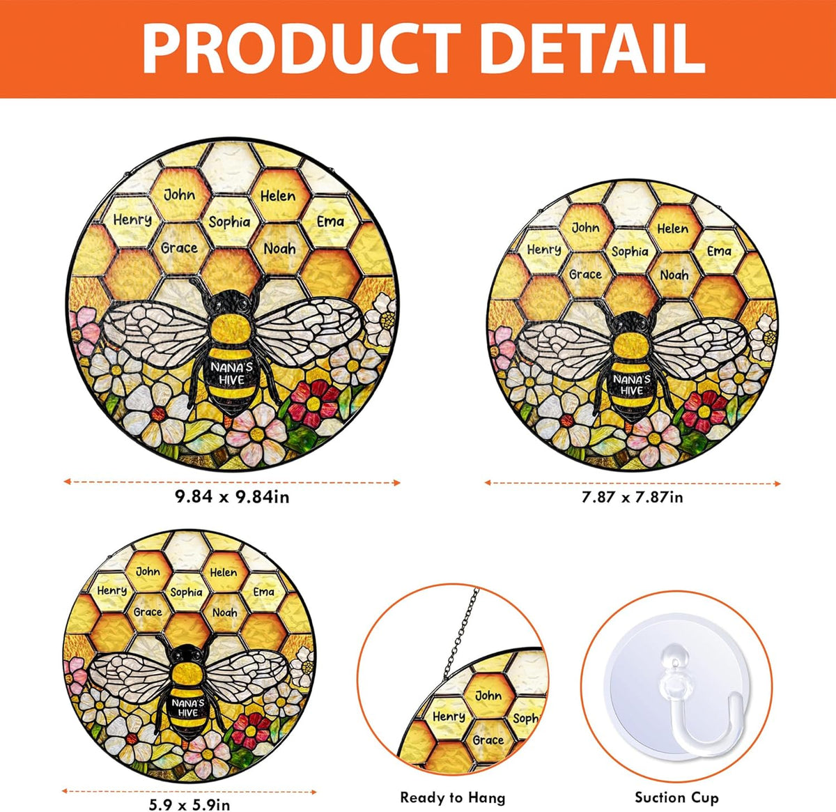 LOVELYPOD Custom Grandma’s Bee Stained Glass Sun Catcher, Personalized Window Hanging Sun Catcher