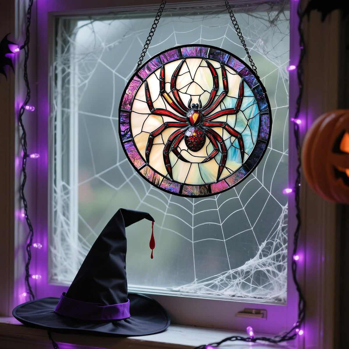 Stained Glass Window Hanging - Halloween Decorations Red Spider Goth Suncatcher for Doors Garden