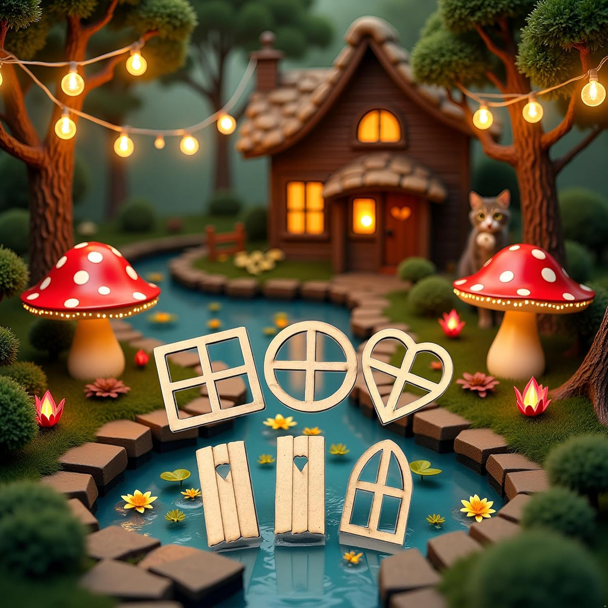12Pcs Brown Wooden Fairy Garden Door,Blank Doors Fairy House Door and Windows Ornaments Tree