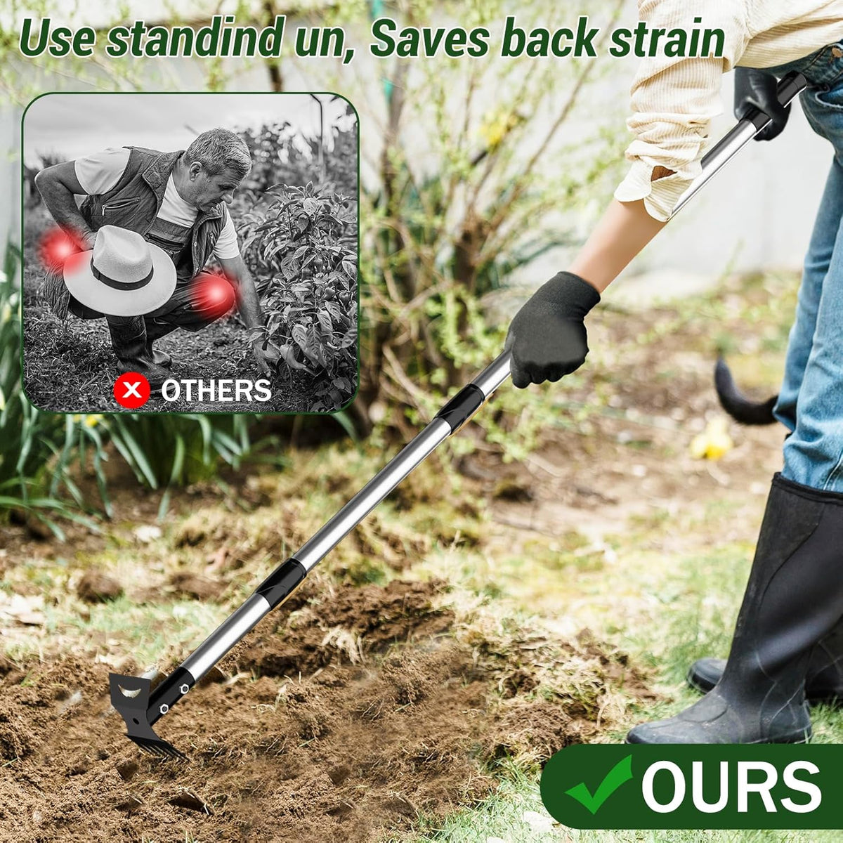 Weed Puller Tool with Long Handle – 2-in-1 Handle Garden Hoe and Weed Rake, Hoe Garden Tool for