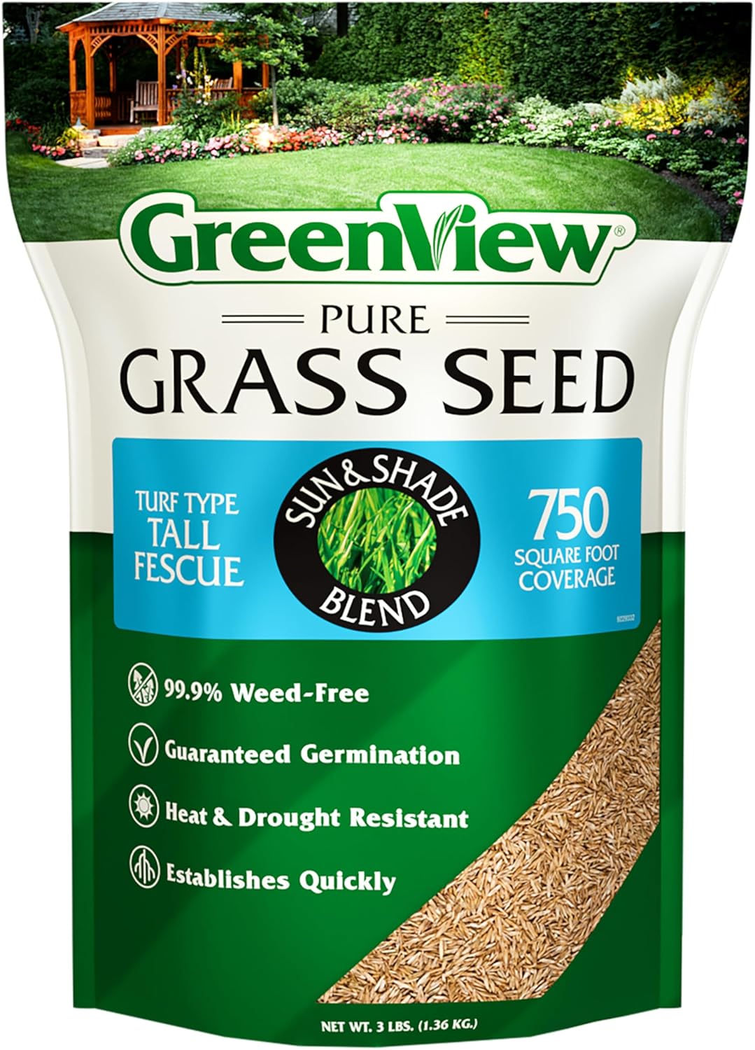 GreenView Pure Grass Seed Turf Type Tall Fescue Sun & Shade Blend, 3 lb. Bag – Covers up to 750 sq.