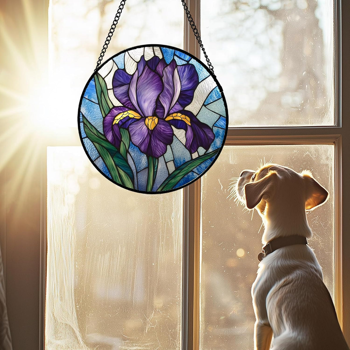 Stained Glass Window Hanging - Iris Birth Flower Suncatcher for Doors Garden Yard Purple Blue Sun