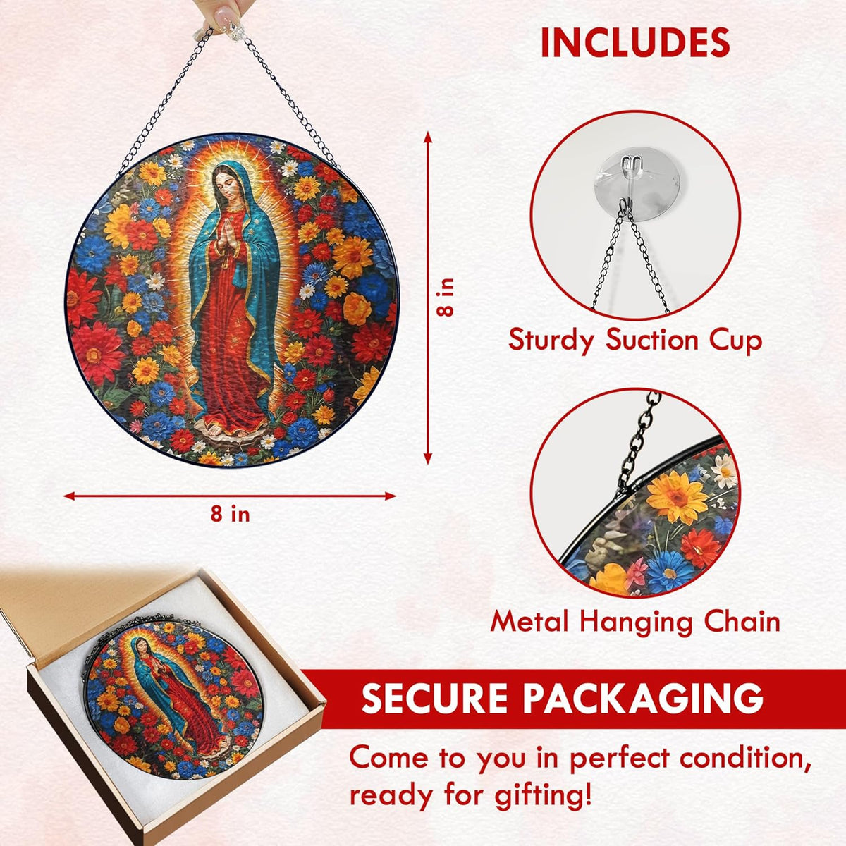 FLAGWIX Christmas Christian Gifts for Women - Virgen De Guadalupe Stained Glass Window Hanging 8 in