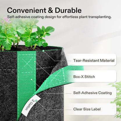 VIVOSUN 5-Pack 2 Gallon Grow Bags, Fabric Pots with Self-Adhesion Sides for Transplanting