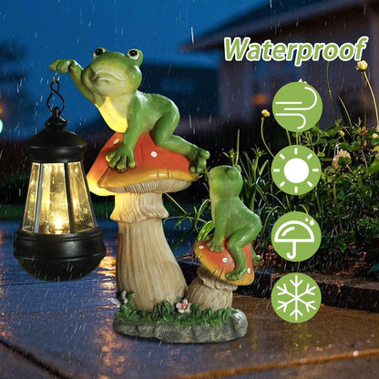 Garden Frogs Statue, Large Funny Frogs Figurine Climbing on Mushroom and Holding a Solar LED