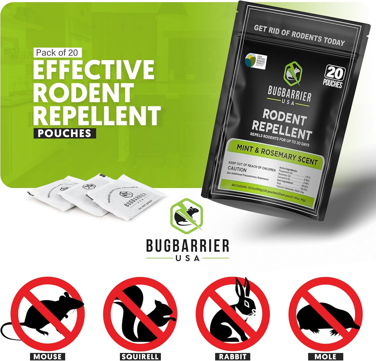 BugBarrier's Extra-Strength Mouse Repellent Deterrent Pouches, USDA 99% Biobased, Peppermint &