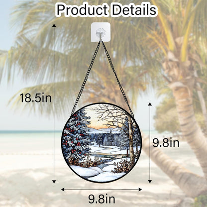 Stained Glass Window Hanging, Winter Snow Landscape Suncatcher Diamond Glass Panel Sun Catchers