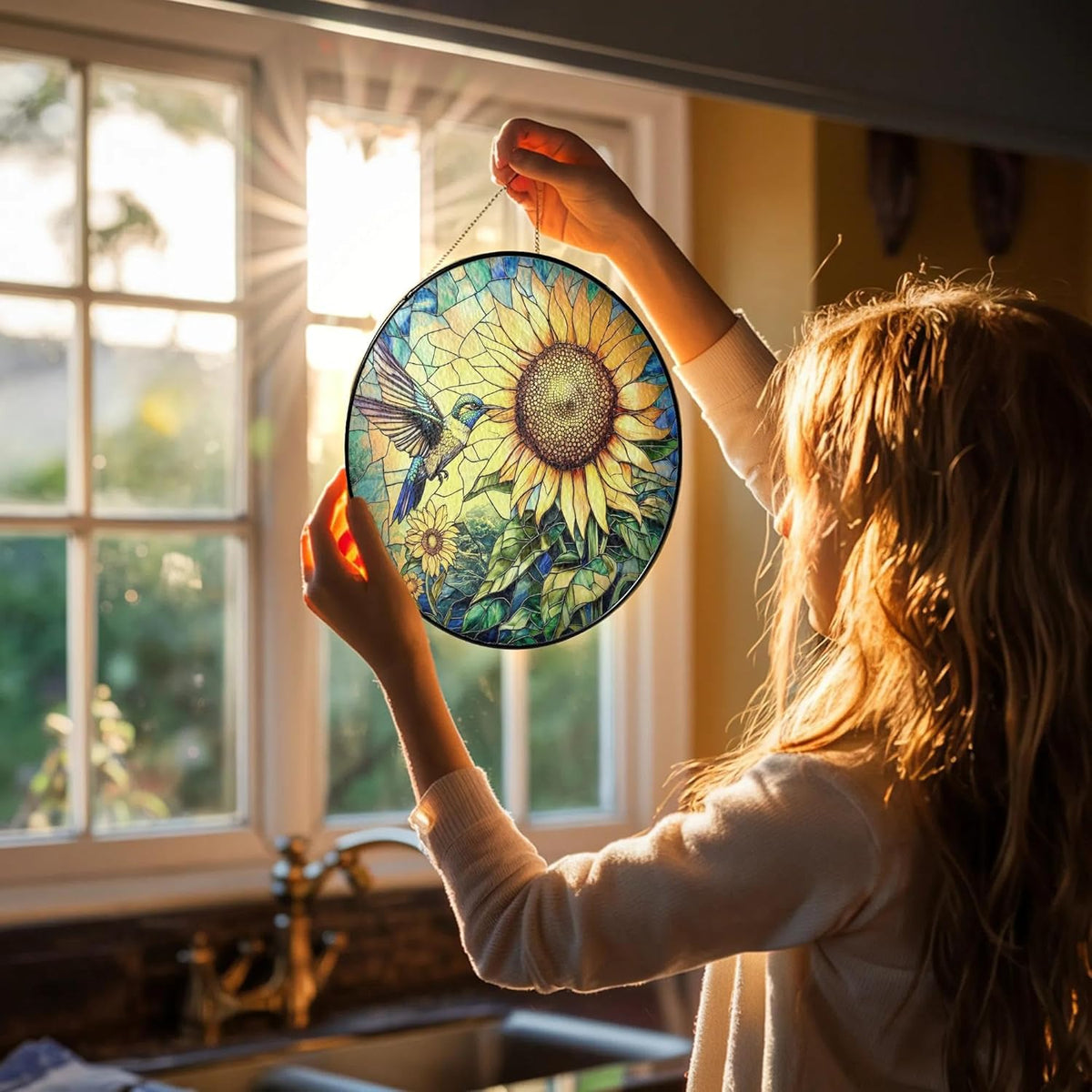 Hummingbird Stained Glass Suncatcher, Sunflower Window Hanging Stained Glass Suncatcher Hummingbird