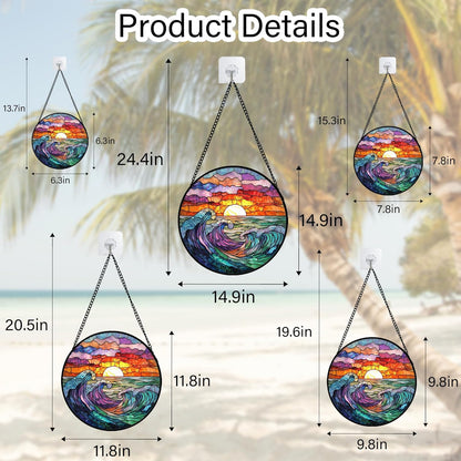 Stained Glass Window Hanging, Clouds and Sea Waves Suncatcher Diamond Glass Panel Hangings Scenery
