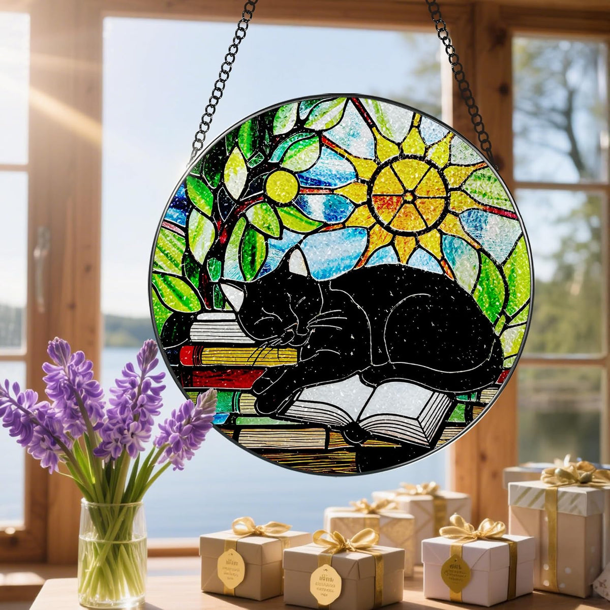 Stained Glass Window Hanging, 8 Inch Black Cat on Book Stained Glass Suncatcher, Window Decor