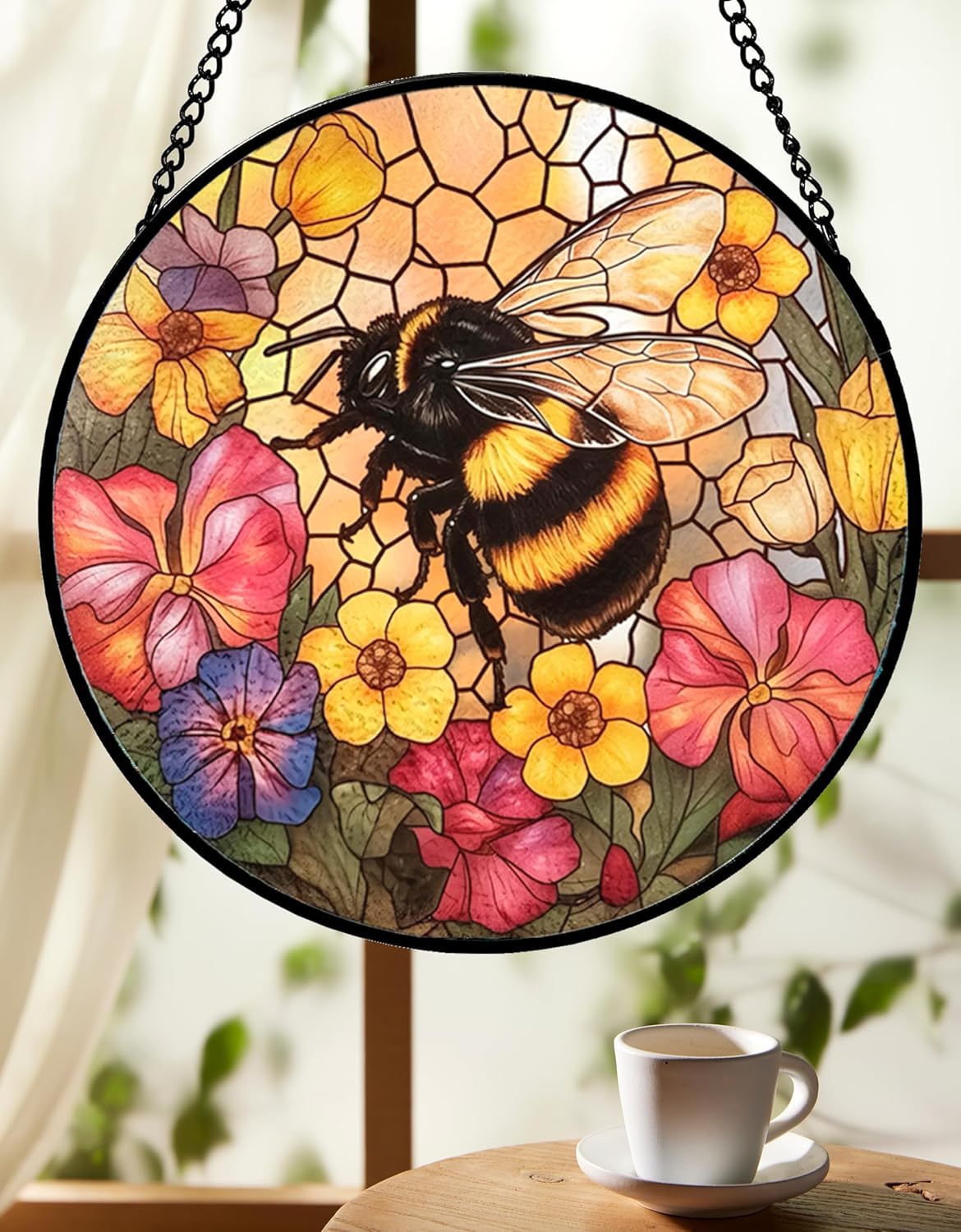 Bee Stained Glass Suncatcher - Handcrafted 7.87 inch suncatcher with Vibrant Wildflower Stained