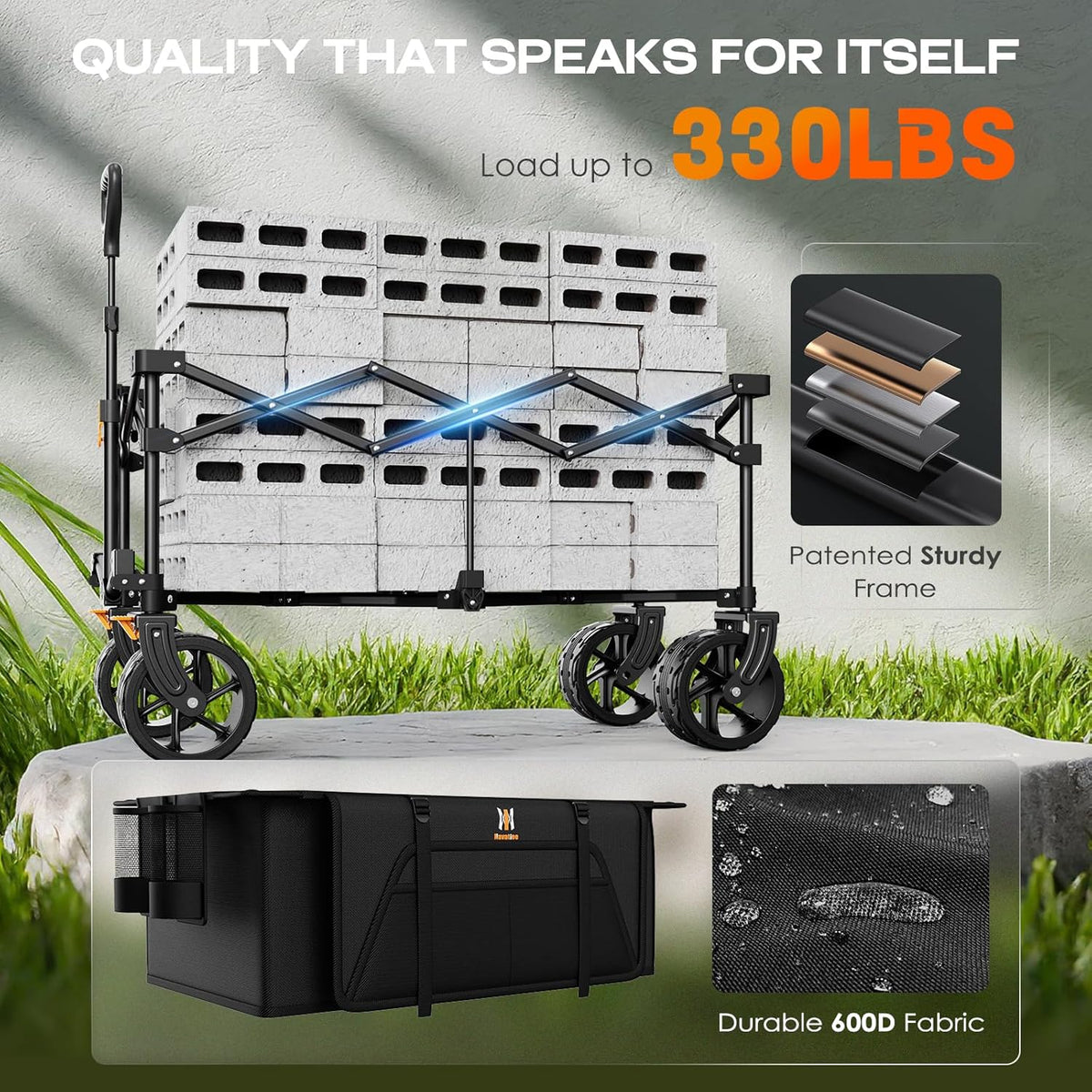 Navatiee Big Wheels Collapsible Wagon Cart Foldable, Heavy Duty Beach Wagon with Silent All-Terrain