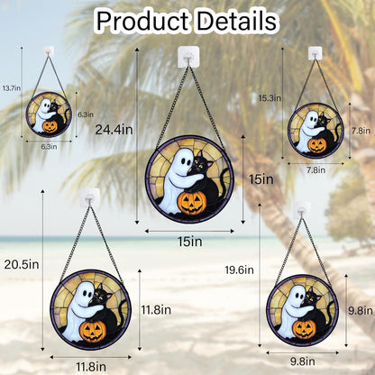 Stained Glass Window Hanging - Halloween Decorations Cute White Ghost Black Cat Suncatcher for