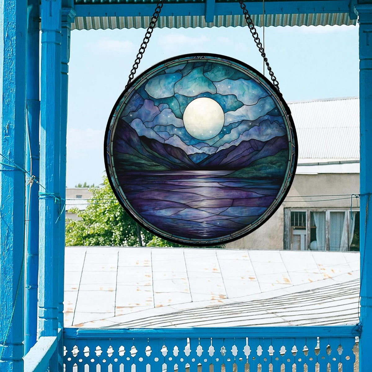 Stained Glass Window Hanging, Blue Night Moon Lake Sun Catchers Colorful Glass Panel Landscape