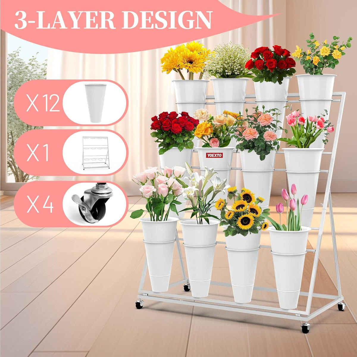 Flower Display Stand with Buckets, 3-Layers 12 PCS Buckets Plant Stand with Wheels, Movable Metal