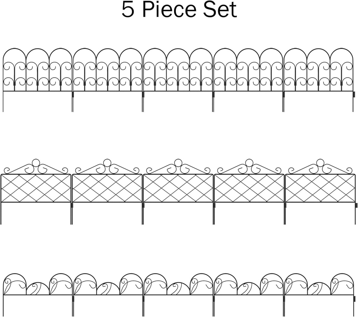 Metal Garden Fencing- Set of 5 Panels for Decorative Edging Flower Beds & Landscaping