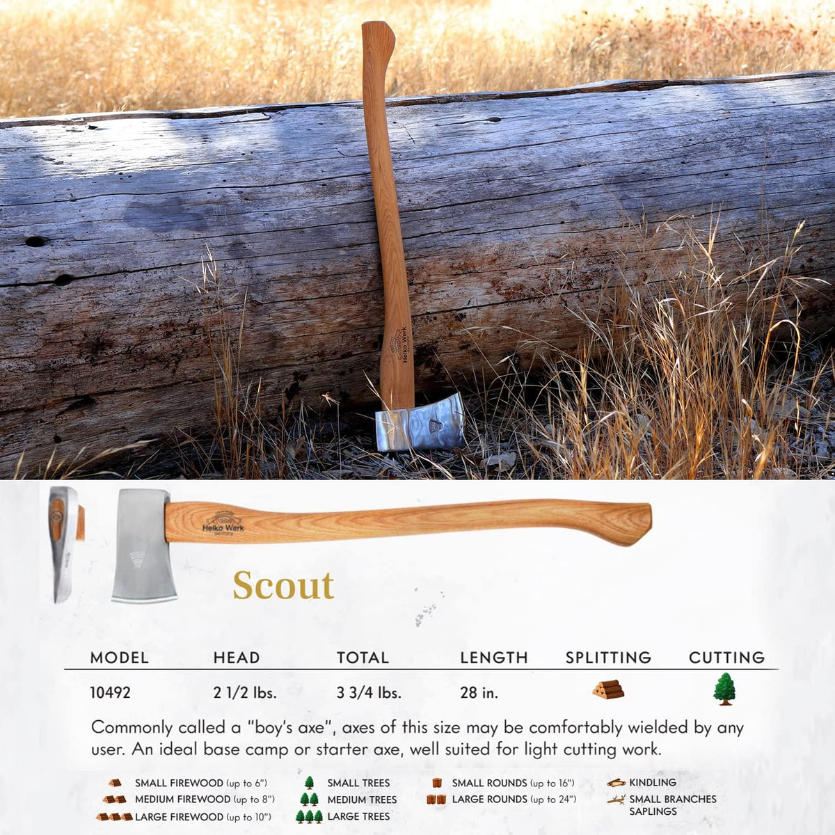 1844 Helko Werk Germany Classic Scout Axe - Made in Germany Felling Axe, Cutting Axe, Camping Axe