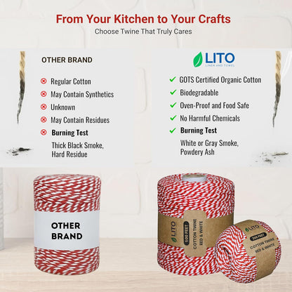 Red and White Organic Twine Cotton String - 500 Feet Wrapping, Baking, Butcher, Crafts, DIY