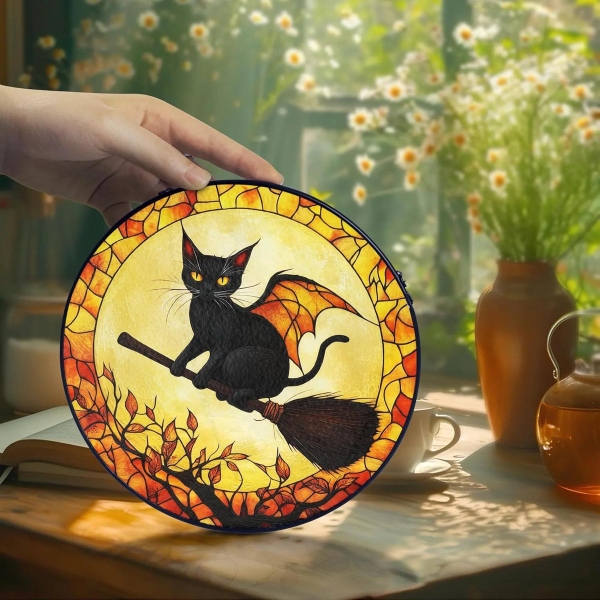 Black Cat Stained Glass Suncatcher, Halloween Cat Witch Window Hanging Decor, Pumpkin Spooky