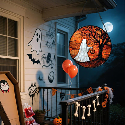 Stained Glass Window Hanging - Halloween Ghost Holding A Pumpkin Lantern Suncatcher for Door Garden