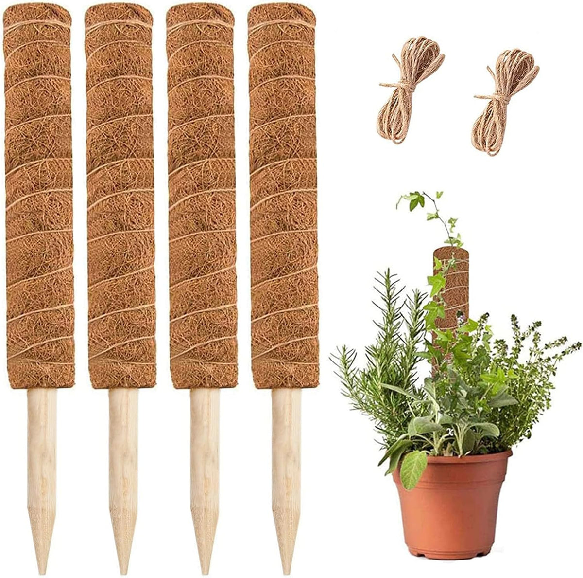 YEAJON 4 Pcs 15.7 Inch Coir Moss Totem Pole Monstera Plant Support with 2 Pcs 32.8ft Jute Rope