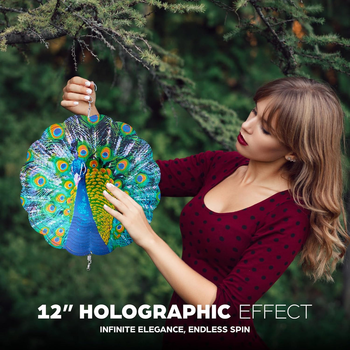 Skylar Peacock Wind Spinner, Stainless-Steel Garden Decor, 3D Wind Decoration with Holographic