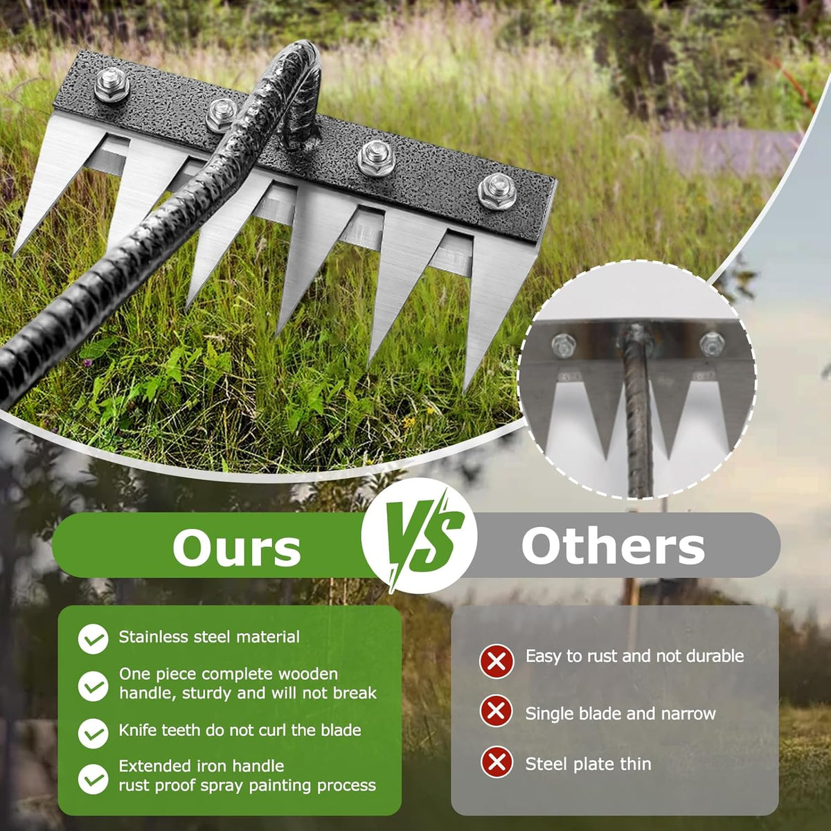 Gardenia Iron Weeding Rake, 2.0 Iron Weeding Rake with Long Handle, 6 Teeth Heavy Duty Puller Tools