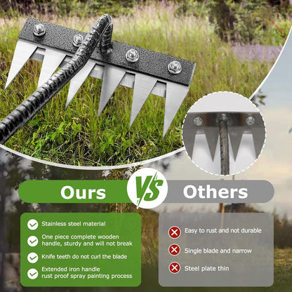 Gardenia Iron Weeding Rake, 2.0 Iron Weeding Rake with Long Handle, 6 Teeth Heavy Duty Puller Tools