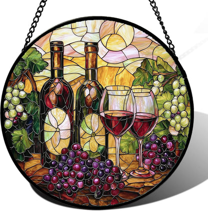 Stained Glass Window Hanging, Grapes and Wine Suncatcher Diamond Glass Panel Hangings Sun Catchers